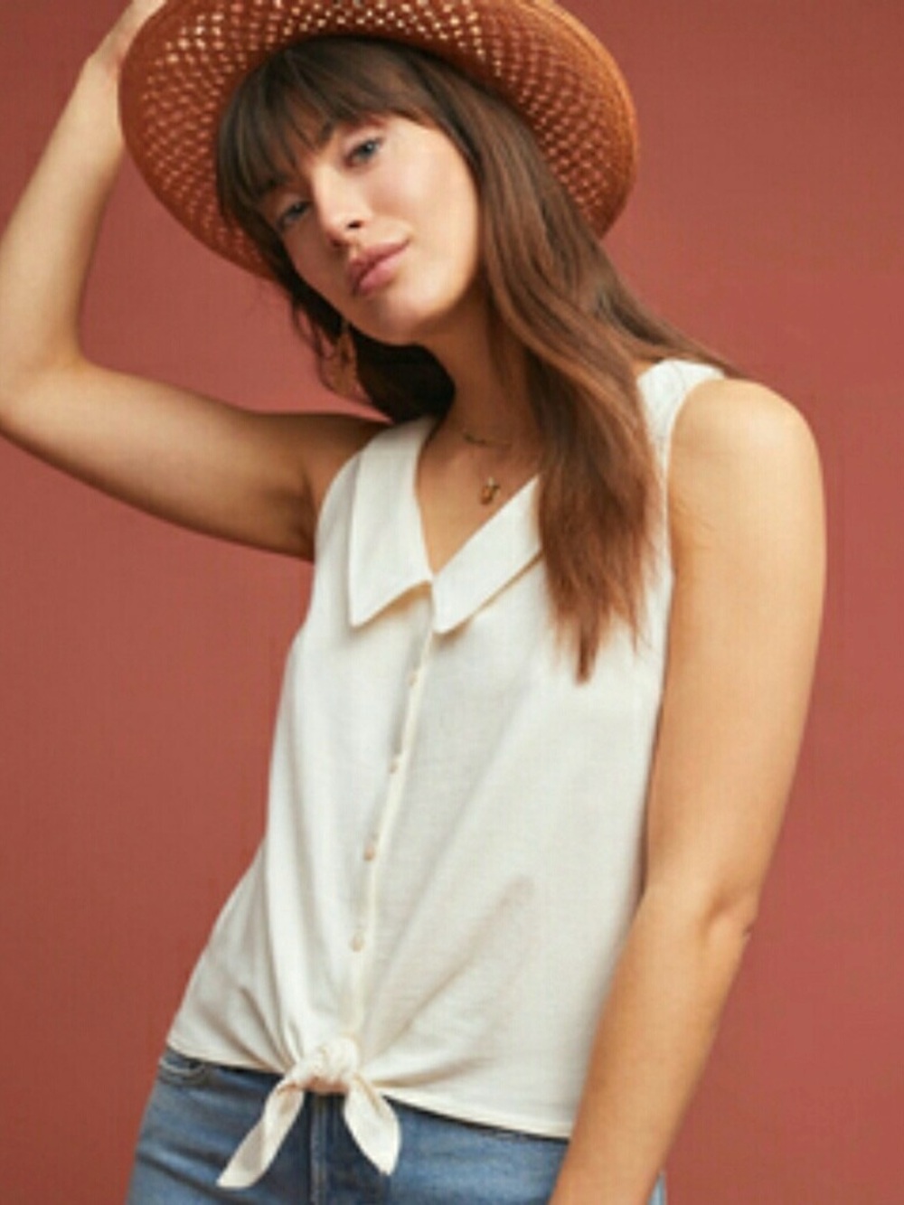 Anthropologie Biloxi Tie Front Collared Tank Top Ivory Cotton Size S